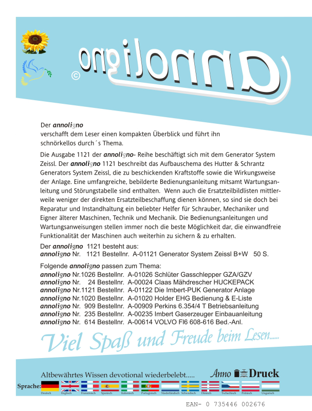 Zeissl Generator System von Hutter & Schrantz Bauart Beschreibung Bedienungsanleitung Wartungsanweisung Störungstabelle - annoligno 1121